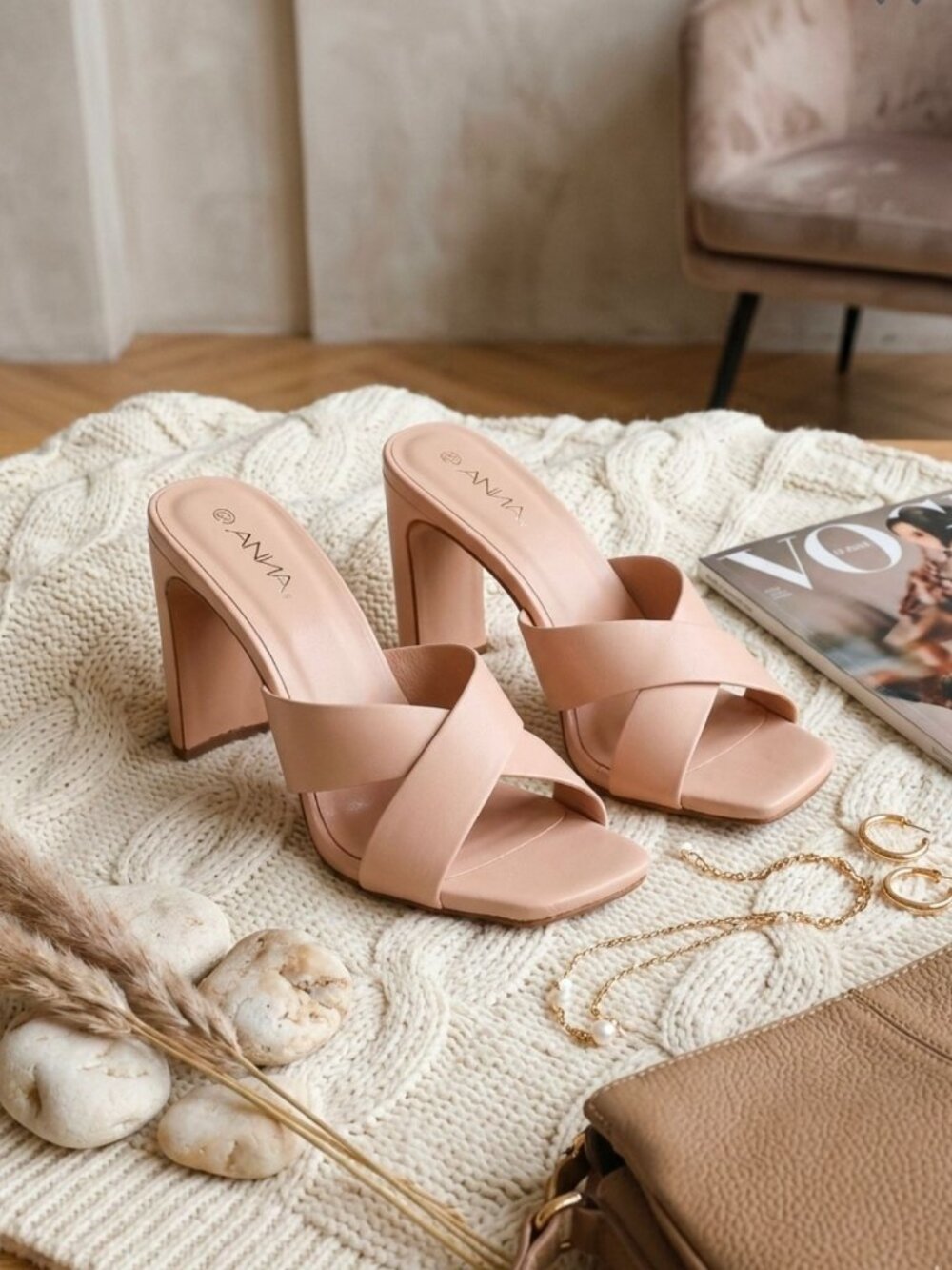 Nude Block Heel Sandals With Cross-Strap Design For Women